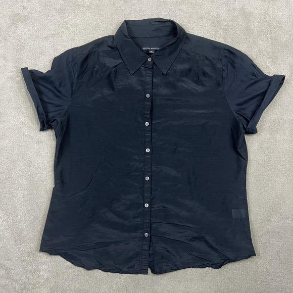 Banana Republic Women L Black Silk Cotton Blend Short Sleeve Button Up Shirt Top — photo 2